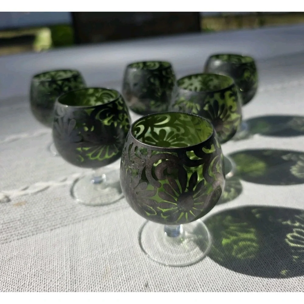 VTG Green Silver Overlay Cordial‎ Liqueuer Glasses Set of 6 Stemware 3